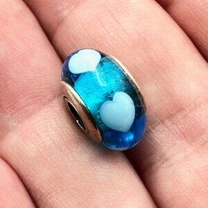 Pandora White Heart Blue Murano Glass Charm 925 ALE Sterling Silver